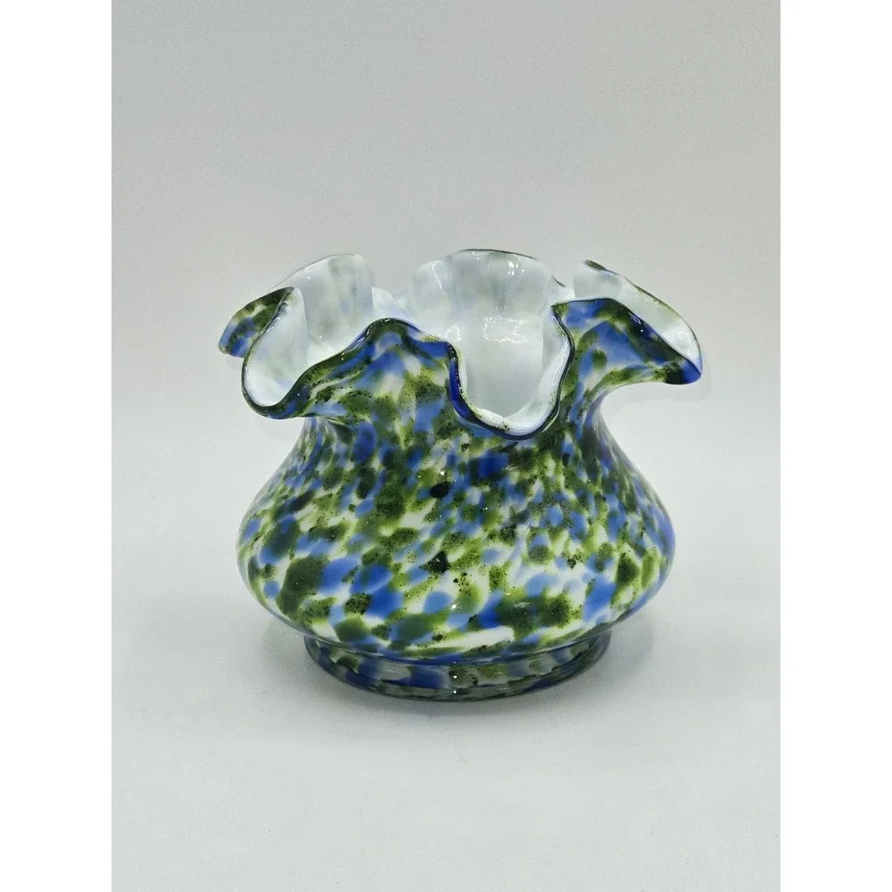 Fenton Glass Murrhina Art Glass Vase Blue Green Spatter Ruffled Rim
